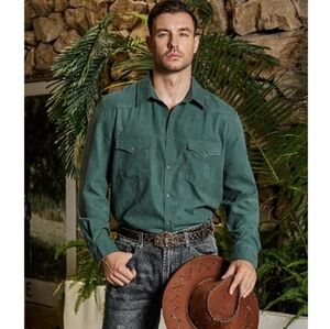 Cowboy Button Up Shirt Long Sleeve with Two Pockets Green